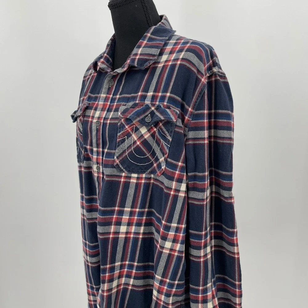True Religion Mens Plaid Flannel LS Utility Shirt Navy‎ Red XL SVY974ZL01815